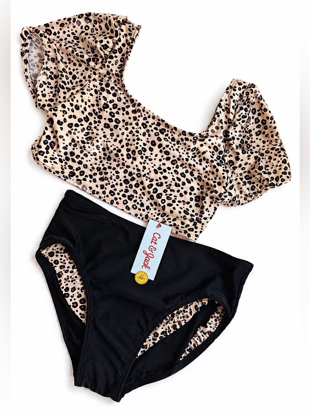 Cat & Jack Girls Swim Leopard cheetah Top Black Bikini Bottoms Size XL 14 NEW